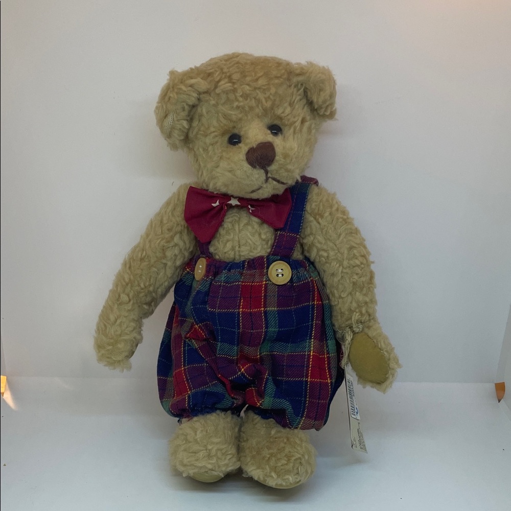 Ganz- “Buddy” Plush Teddy Bear in Tan with Red Plaid Overalls